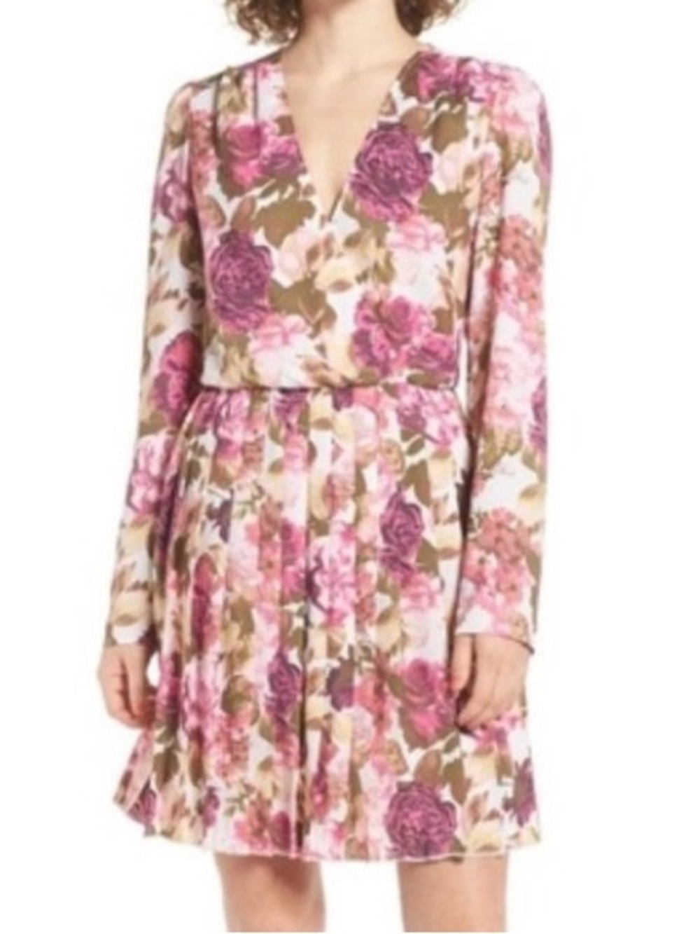 Leith Floral Print Long Sleeve Pleated Mini Dress Size XS